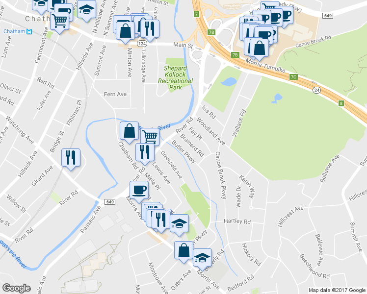 map of restaurants, bars, coffee shops, grocery stores, and more near 131 Butler Parkway in Summit