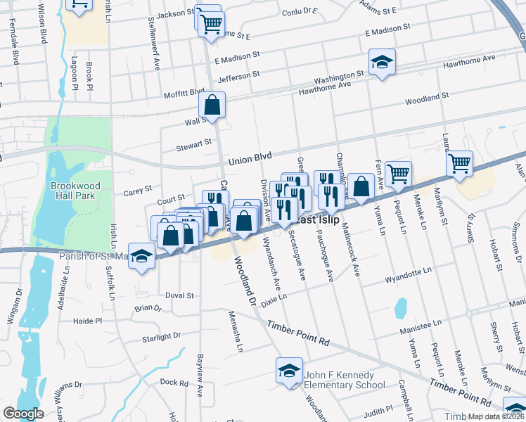 map of restaurants, bars, coffee shops, grocery stores, and more near 12 Division Avenue in East Islip