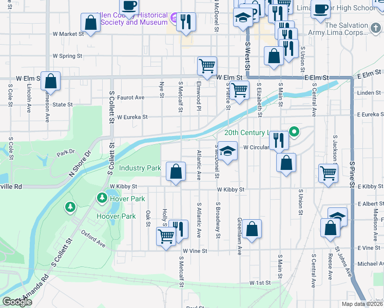 map of restaurants, bars, coffee shops, grocery stores, and more near 616 Ohio Street in Lima