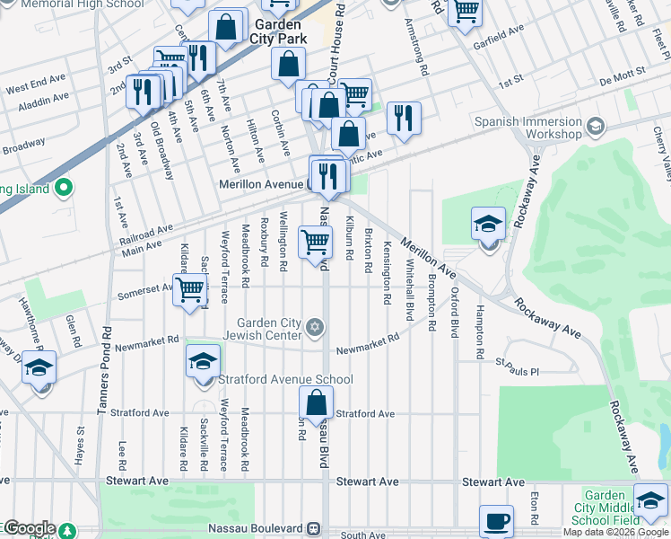 map of restaurants, bars, coffee shops, grocery stores, and more near 195 Nassau Boulevard in Garden City