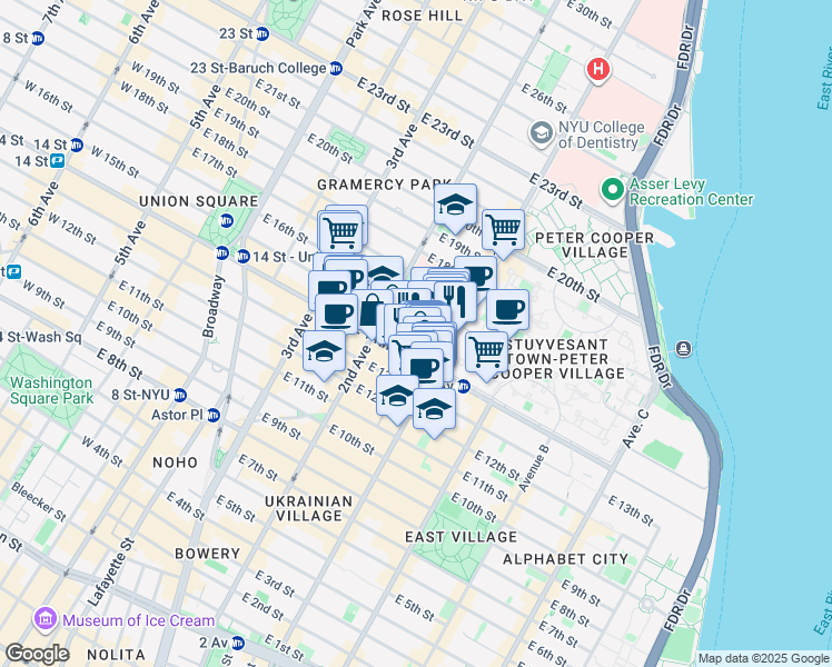 map of restaurants, bars, coffee shops, grocery stores, and more near 334 East 15th Street in New York