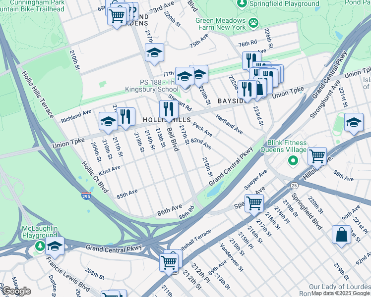 map of restaurants, bars, coffee shops, grocery stores, and more near 82-10 217th Street in Queens