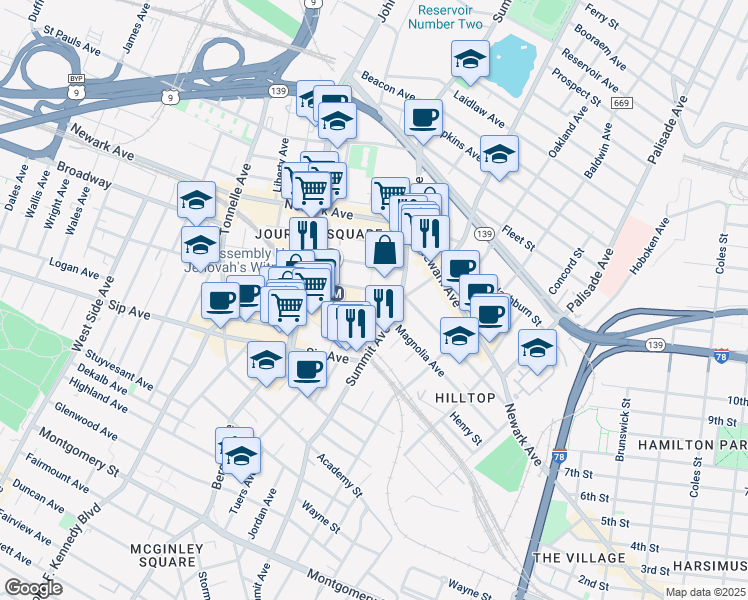 map of restaurants, bars, coffee shops, grocery stores, and more near 615 Pavonia Avenue in Jersey City