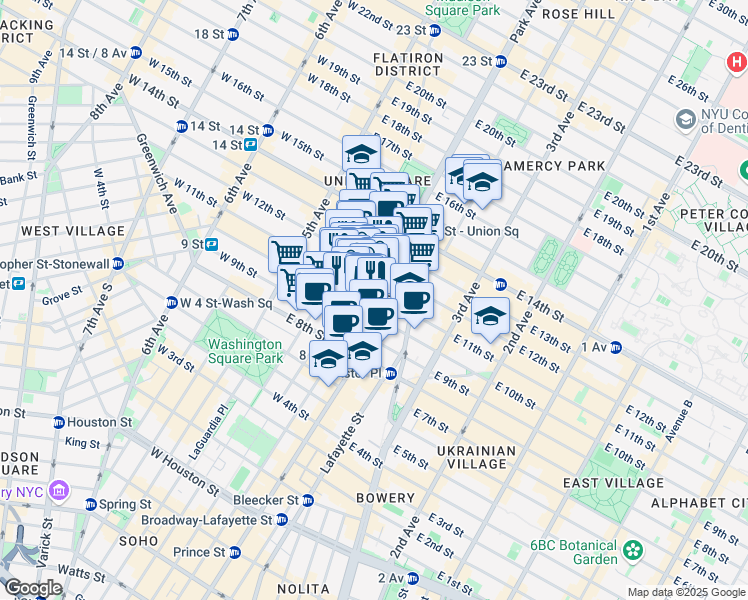 map of restaurants, bars, coffee shops, grocery stores, and more near 76 East 11th Street in New York