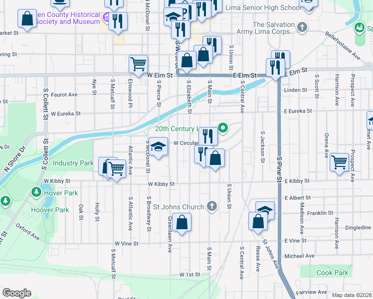 map of restaurants, bars, coffee shops, grocery stores, and more near 601 S Elizabeth St in Lima