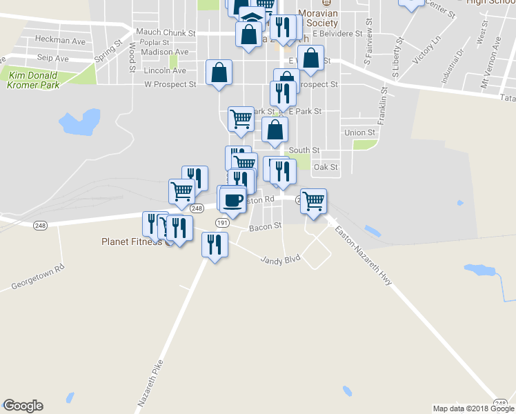map of restaurants, bars, coffee shops, grocery stores, and more near 20 Easton Road in Nazareth