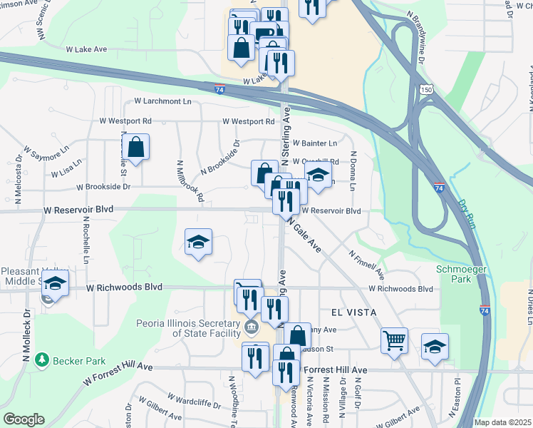 map of restaurants, bars, coffee shops, grocery stores, and more near 2517 West Reservoir Boulevard in Peoria