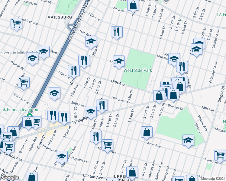 map of restaurants, bars, coffee shops, grocery stores, and more near 688 South 18th Street in Newark