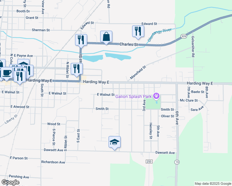 map of restaurants, bars, coffee shops, grocery stores, and more near 144 1st Ave in Galion