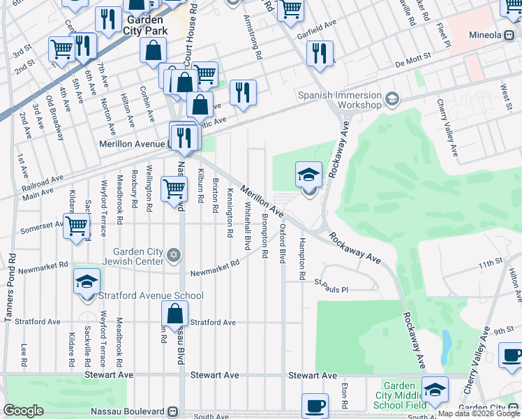 map of restaurants, bars, coffee shops, grocery stores, and more near 190 Brompton Road in Garden City