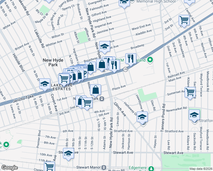 map of restaurants, bars, coffee shops, grocery stores, and more near 1414 South Park Place in New Hyde Park