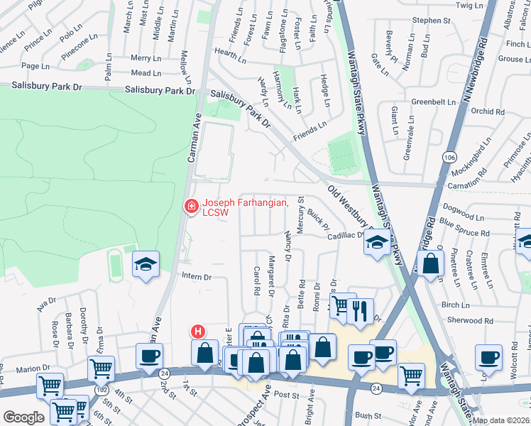 map of restaurants, bars, coffee shops, grocery stores, and more near 259 Desoto Place in East Meadow