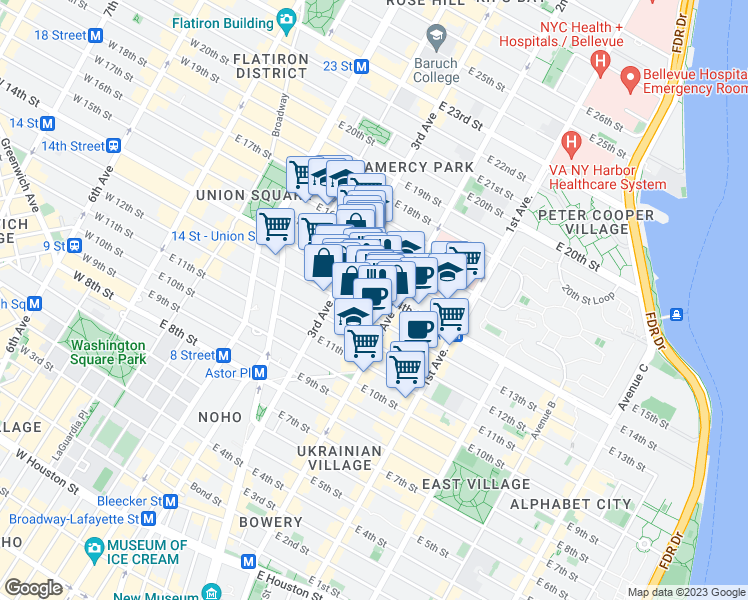 map of restaurants, bars, coffee shops, grocery stores, and more near 230 East 14th Street in New York