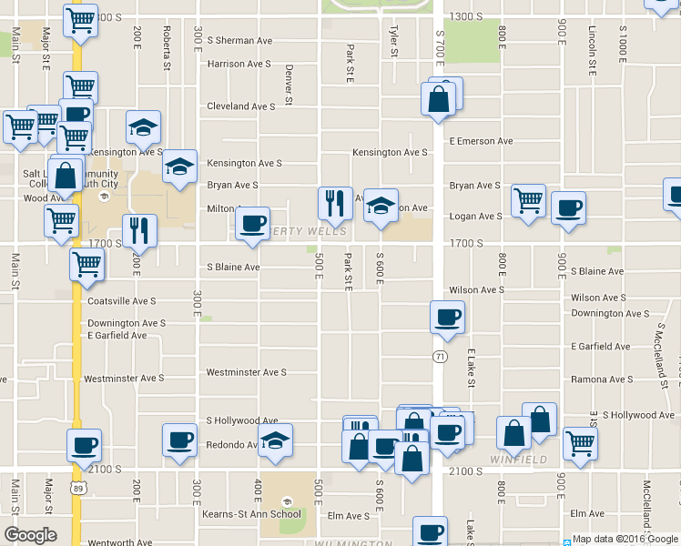 map of restaurants, bars, coffee shops, grocery stores, and more near 1744 Park Street East in Salt Lake City