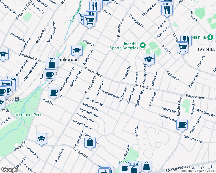 map of restaurants, bars, coffee shops, grocery stores, and more near 493 Richmond Avenue in Maplewood