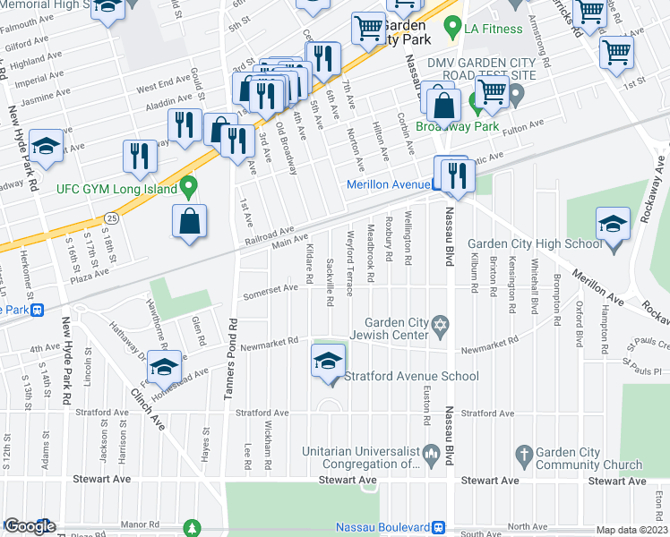 map of restaurants, bars, coffee shops, grocery stores, and more near 195 Sackville Road in Garden City