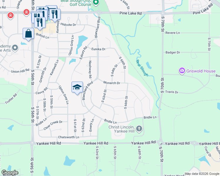 map of restaurants, bars, coffee shops, grocery stores, and more near 6310 Cavvy Road in Lincoln