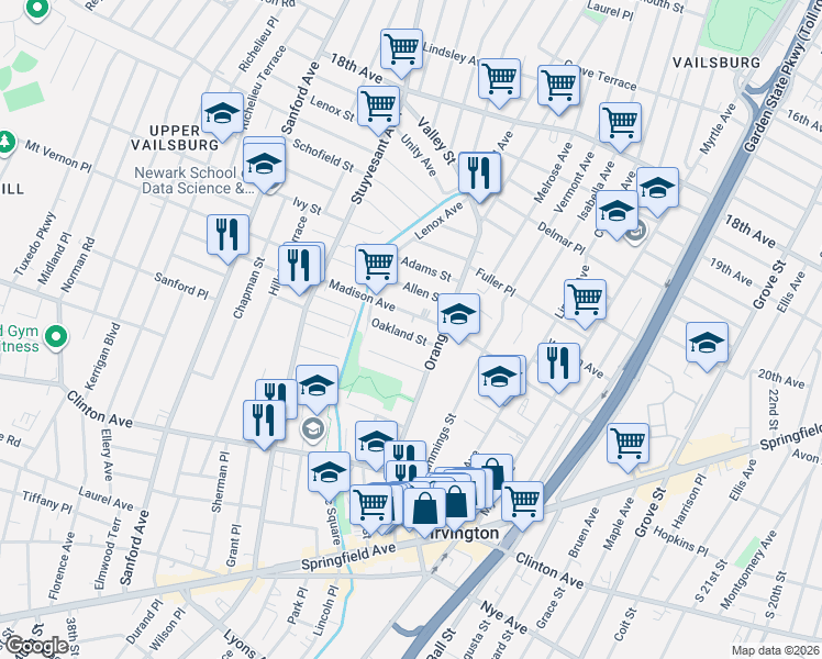 map of restaurants, bars, coffee shops, grocery stores, and more near 20 Oakland Street in Irvington