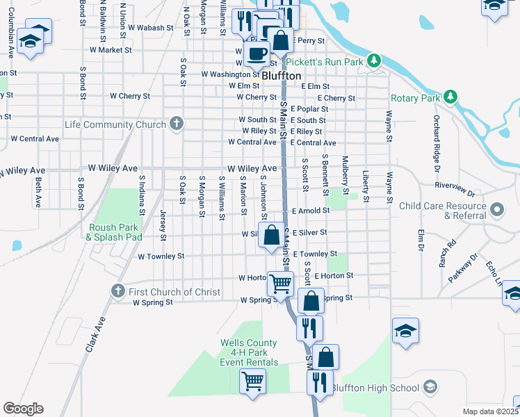 map of restaurants, bars, coffee shops, grocery stores, and more near 716 South Johnson Street in Bluffton