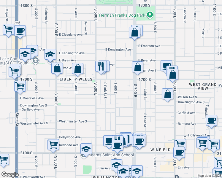 map of restaurants, bars, coffee shops, grocery stores, and more near 1745 Wright Court East in Salt Lake City