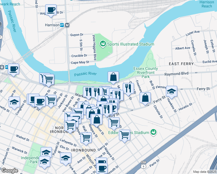 map of restaurants, bars, coffee shops, grocery stores, and more near 680-692 Raymond Boulevard in Newark