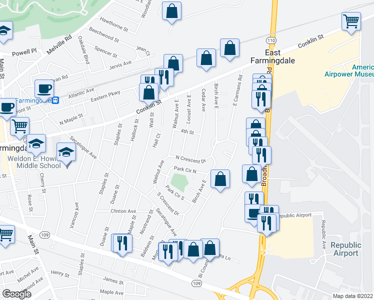 map of restaurants, bars, coffee shops, grocery stores, and more near 34 Locust Avenue East in Farmingdale