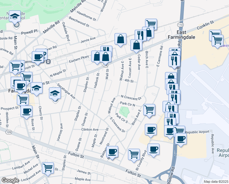 map of restaurants, bars, coffee shops, grocery stores, and more near 38 Walnut Avenue East in Farmingdale