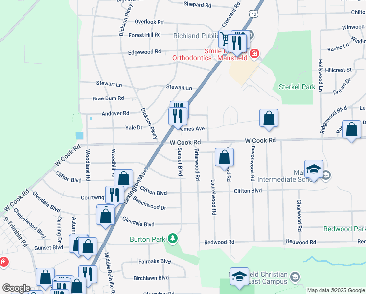 map of restaurants, bars, coffee shops, grocery stores, and more near 451 West Cook Road in Mansfield
