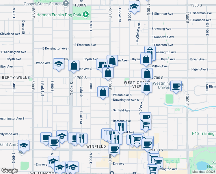 map of restaurants, bars, coffee shops, grocery stores, and more near 1740 900 East in Salt Lake City
