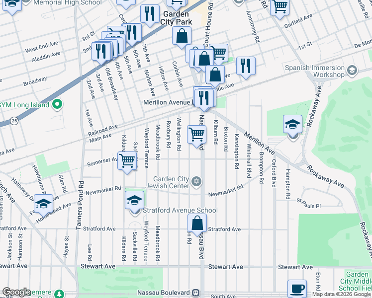 map of restaurants, bars, coffee shops, grocery stores, and more near 194 Euston Road in Garden City