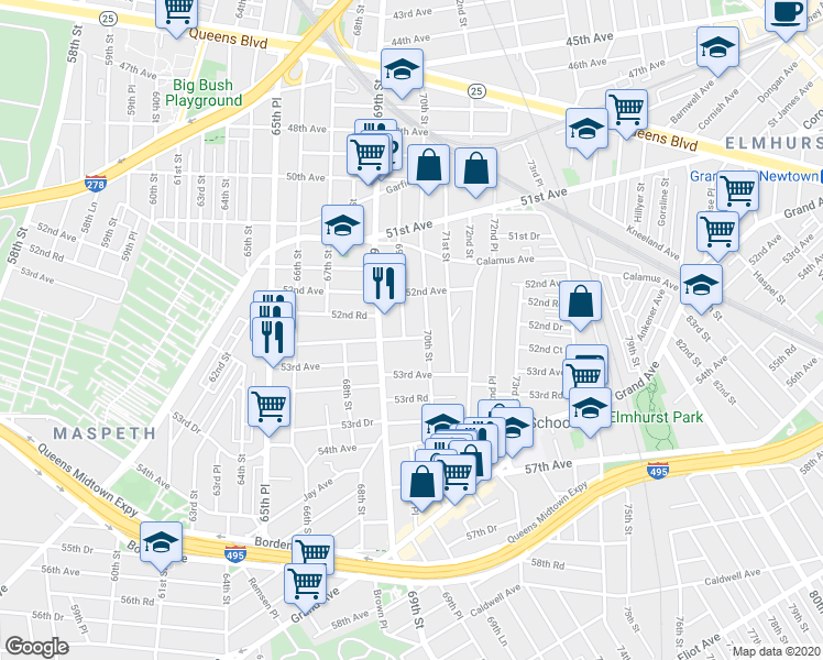 map of restaurants, bars, coffee shops, grocery stores, and more near 52-37 69th Place in Queens