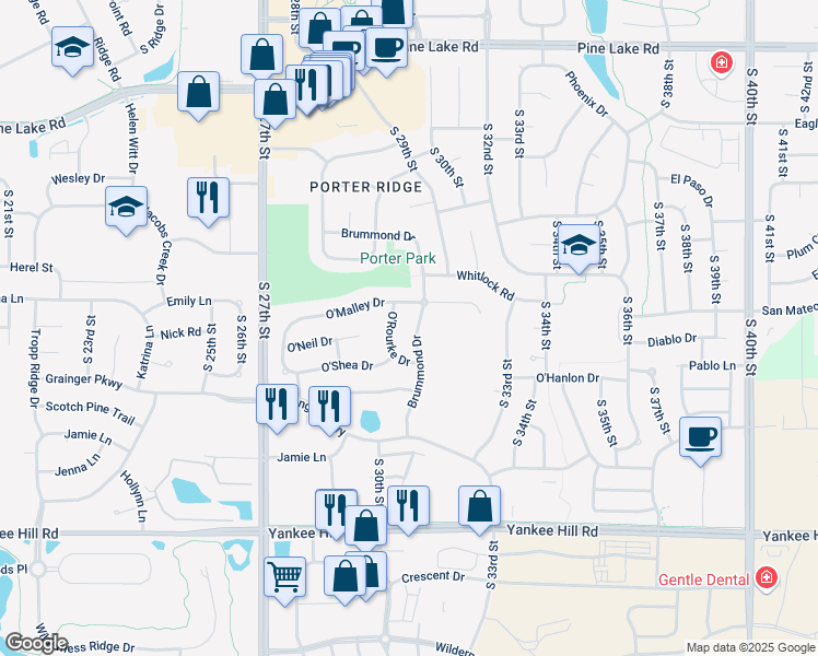 map of restaurants, bars, coffee shops, grocery stores, and more near 7701 Brummond Drive in Lincoln