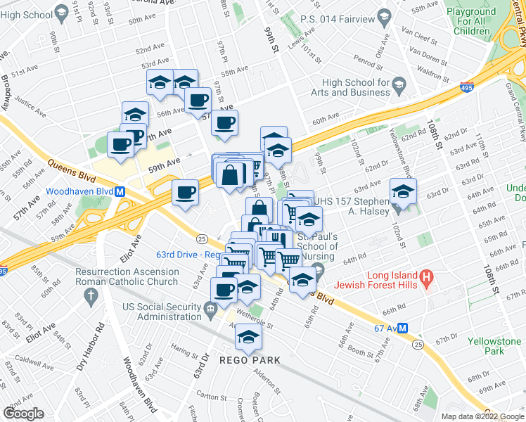 map of restaurants, bars, coffee shops, grocery stores, and more near 97th St & 62nd Dr in Rego Park