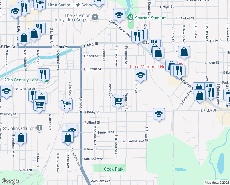 map of restaurants, bars, coffee shops, grocery stores, and more near 606 Harrison Ave in Lima