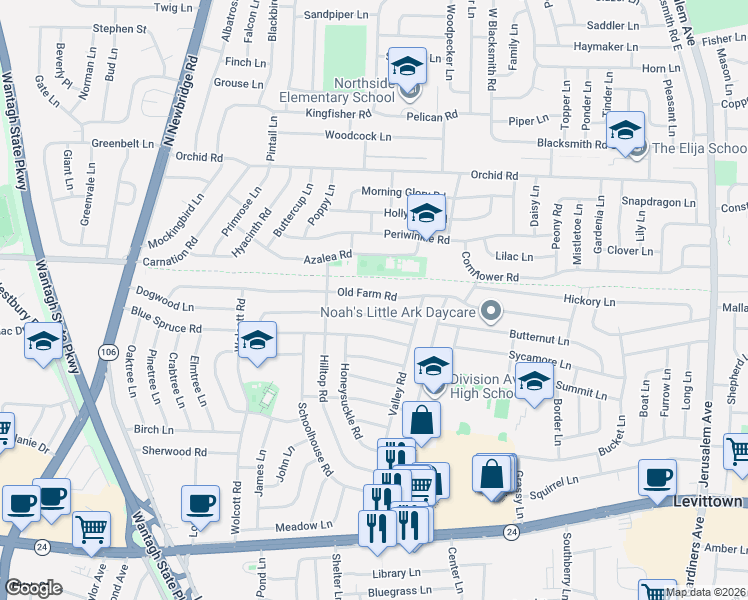 map of restaurants, bars, coffee shops, grocery stores, and more near 128 Old Farm Road in Levittown