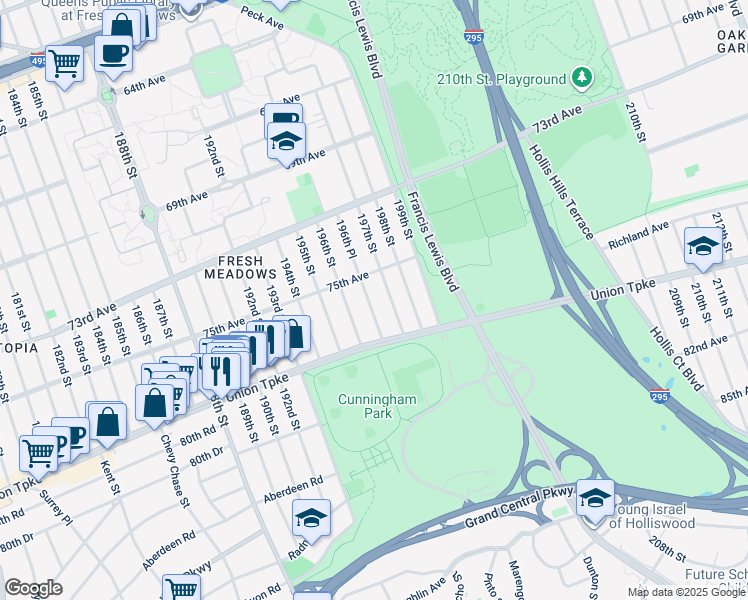 map of restaurants, bars, coffee shops, grocery stores, and more near 75-27 196th Place in Queens