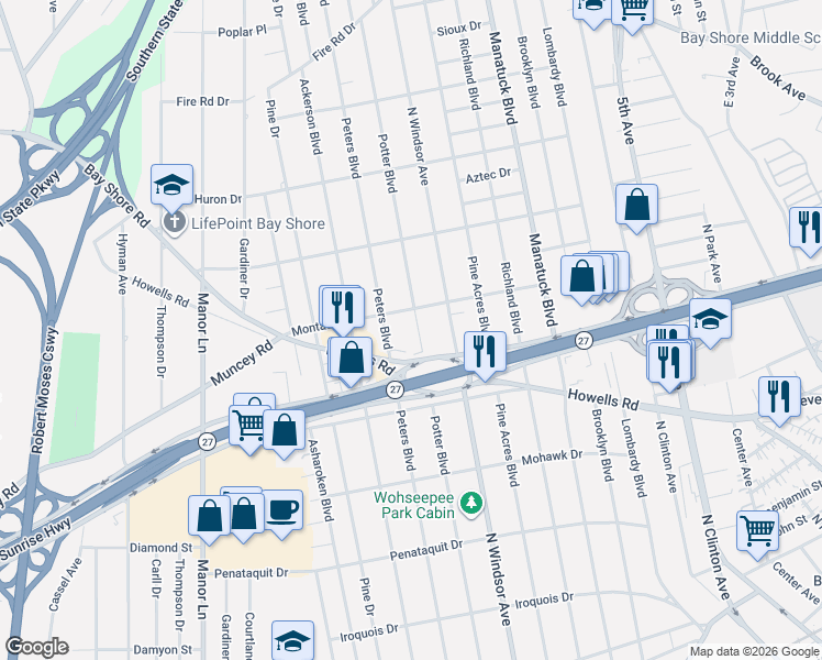 map of restaurants, bars, coffee shops, grocery stores, and more near 1310 Potter Boulevard in Bay Shore