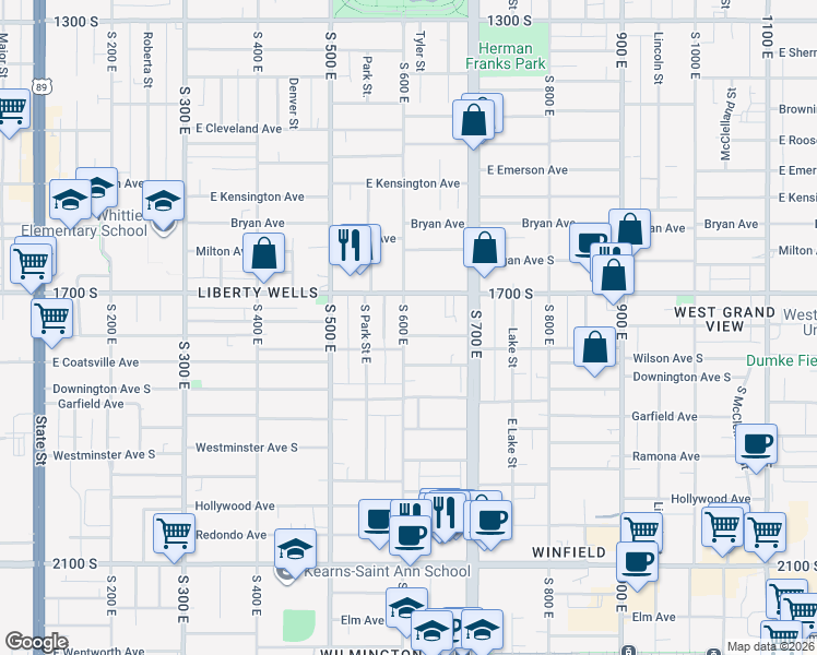 map of restaurants, bars, coffee shops, grocery stores, and more near 603 Wilson Avenue South in Salt Lake City