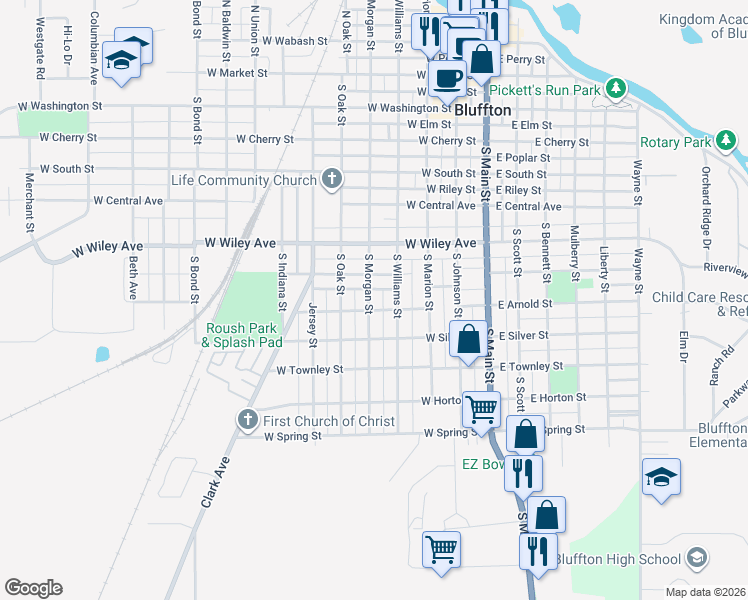map of restaurants, bars, coffee shops, grocery stores, and more near 725 South Morgan Street in Bluffton