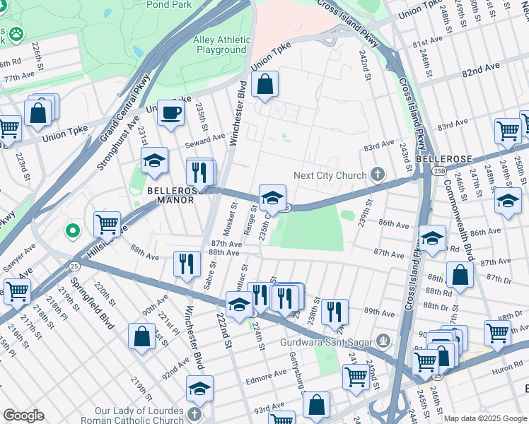 map of restaurants, bars, coffee shops, grocery stores, and more near 86-14 235th Court in Queens