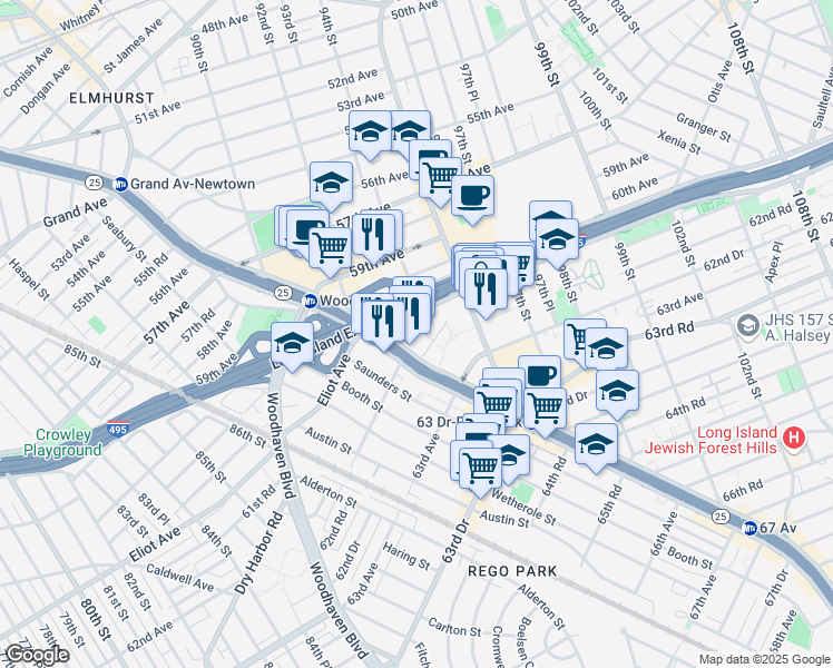 map of restaurants, bars, coffee shops, grocery stores, and more near 61-18 93rd Street in Queens