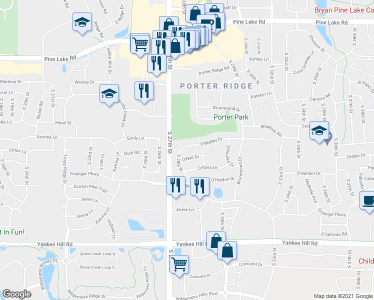 map of restaurants, bars, coffee shops, grocery stores, and more near 2805 O'Malley Drive in Lincoln