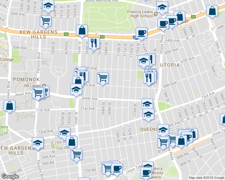 map of restaurants, bars, coffee shops, grocery stores, and more near 69-11 169th Street in Queens