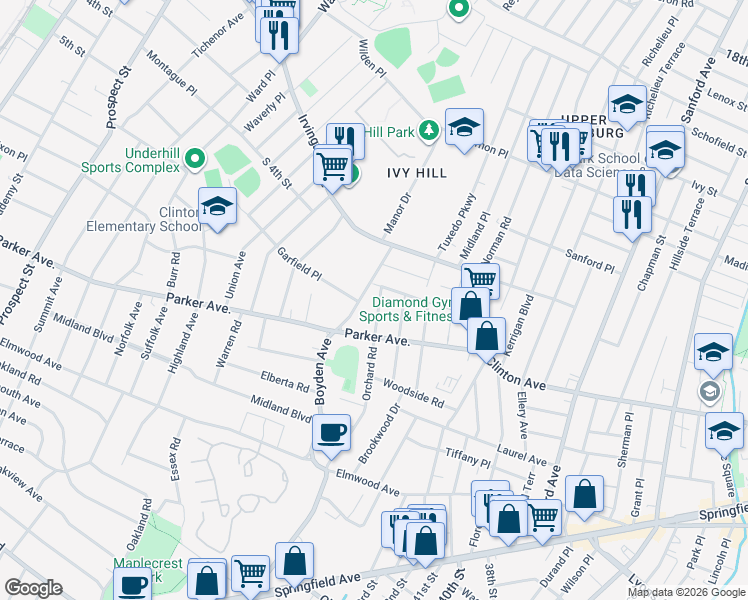 map of restaurants, bars, coffee shops, grocery stores, and more near 128 Orchard Road in Maplewood