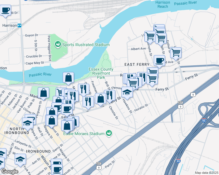 map of restaurants, bars, coffee shops, grocery stores, and more near 121 Fleming Avenue in Newark