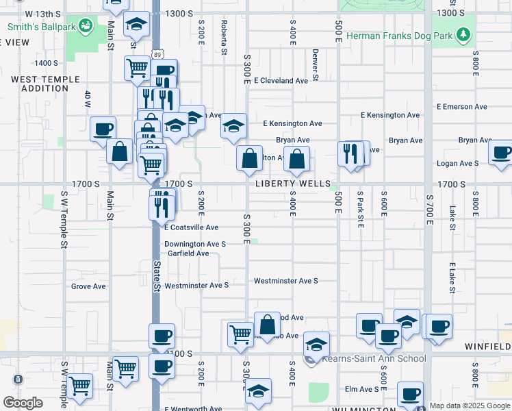 map of restaurants, bars, coffee shops, grocery stores, and more near 315 Wilson Avenue South in Salt Lake City
