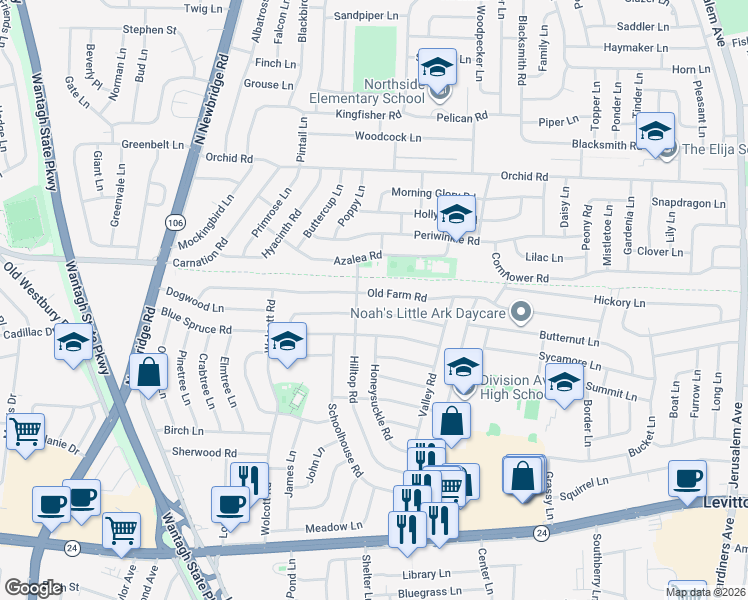 map of restaurants, bars, coffee shops, grocery stores, and more near 108 Old Farm Road in Levittown