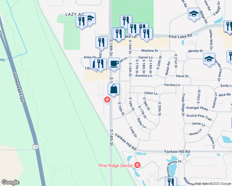 map of restaurants, bars, coffee shops, grocery stores, and more near 7801 South 15th Street in Lincoln