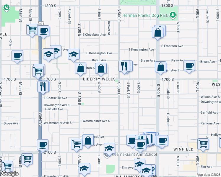 map of restaurants, bars, coffee shops, grocery stores, and more near 452 Blaine Avenue in Salt Lake City
