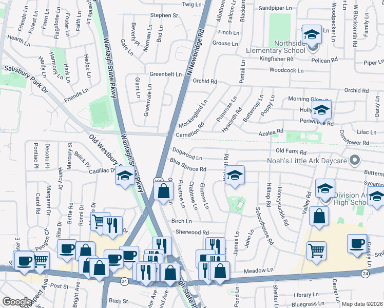 map of restaurants, bars, coffee shops, grocery stores, and more near 2 Old Farm Road in Levittown